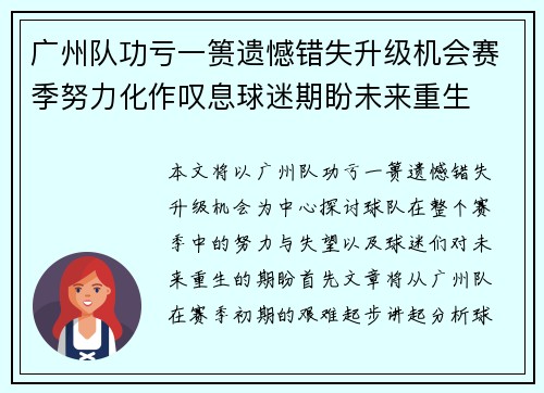 广州队功亏一篑遗憾错失升级机会赛季努力化作叹息球迷期盼未来重生